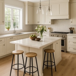 Nowoczesna kuchnia z wyspą i blatami z jasnego konglomeratu, oświetlenie punktowe, elegancki design