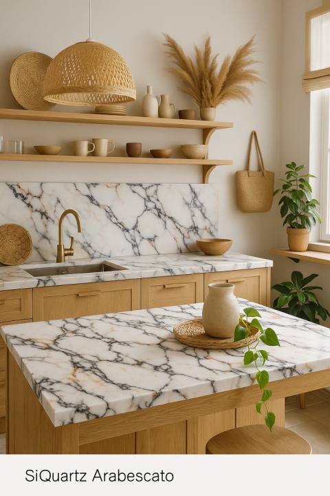 Kuchnia boho z blatami SiQuartz Arabescato, jasne drewno, plecionki, ceramika, zielone rośliny.