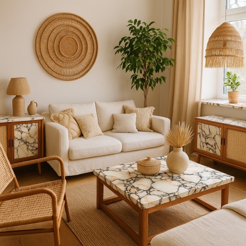 Salon boho z jasną sofą, stolikiem i meblami z blatem SiQuartz Arabescato, dużo drewna i plecionek