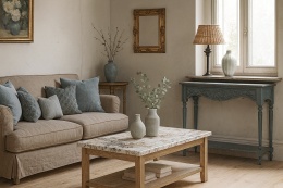 Rustykalny salon z drewnianą sofą, niebieskimi poduszkami, stolikiem z Bianco Alpinus i konsolą w odcieniu gołębiego błękitu.