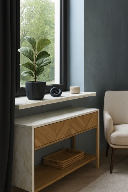 Wnętrze z jasnym parapetem z konglomeratu kwarcytowego Bianco Oro i dekoracyjnymi akcentami w świetle dziennym.