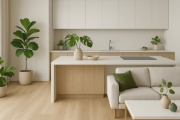 Wizualizacja kuchni z wyspą i salonu z kawowym stolikiem – blaty Bianco Puro, dużo zielonych dodatków.