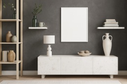 Wizualizacja wnętrza z konsolą i półkami wykonanymi z konglomeratu SiQuartz Carrara.