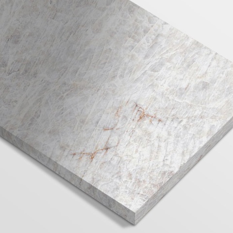 Płyta wykonana z konglomeratu Cristallo w odcieniach bieli, mleka i lodowej szarości.