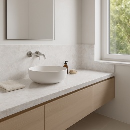 Oto zdjęcie łazienki w nowoczesnym, minimalistycznym stylu z włoskim akcentem, wykończonej płytami SiQuartz Cristallo.