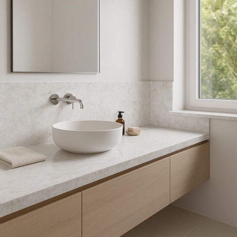 Oto zdjęcie łazienki w nowoczesnym, minimalistycznym stylu z włoskim akcentem, wykończonej płytami SiQuartz Cristallo.