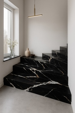 Minimalistyczne schody i parapet z konglomeratu SiQuartz Gris Marquina Gold, okno, kwiaty, subtelne oświetlenie.