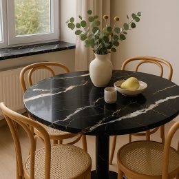 Stół z blatem SiQuartz Gris Marquina Gold, przy oknie z parapetem z tego samego materiału, jasne dodatki, kwiaty.