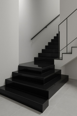Nowoczesna klatka schodowa ze stopniami wykonanymi z konglomeratu kwarcowego SiQuartz Nero Intenso w stylu modernizmu