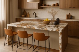 Płyta konglomeratu kwarcytowego SiQuartz Patagonia o wyrazistym wzorze w bieli, szarościach i złocie..