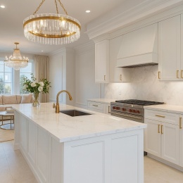 Kuchnia otwarta z wyspą w stylu glamour – białe fronty, złote dodatki i blat Statuarietto o marmurowym wzorze.