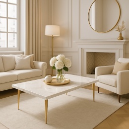 Salon w stylu glamour z jasnymi sofami, stolikiem z blatem Statuarietto i złotymi dodatkami.