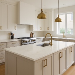 Jasna kuchnia z blatami Statuarietto Gold o białym tle i subtelnych szaro-beżowych żyłach, złote dodatki.