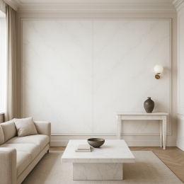 Salon neoklasyczny z jasną ścianą, stolikiem i konsolą z płyty Statuarietto Gold w delikatne szare żyły.