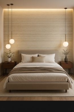 Sypialnia z dekoracyjną ścianą z konglomeratu SiQuartz Travertino Classico, designerskie oświetlenie i dodatki