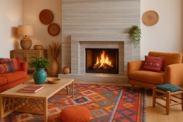 Salon w stylu boho z kominkiem z płyty Travertino Grey, kolorowe poduszki i dywan, przytulna atmosfera