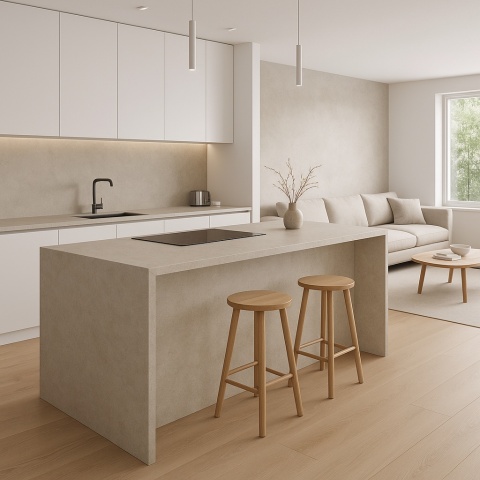 Nowoczesna kuchnia otwarta na salon z wyspą wykończoną spiekiem Infinity Arkeon Fossil Matte w białym świetle.