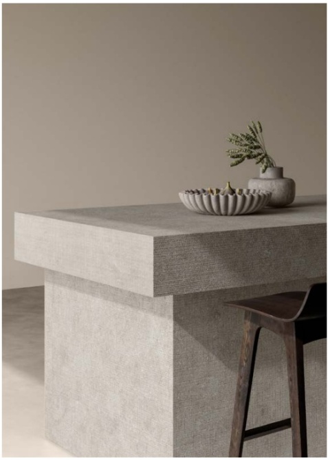 Nowoczesna wyspa kuchenna wykończona spiekiem Infinity Arkeon Fossil Tartan i  Matte w jasnoszarej tonacji