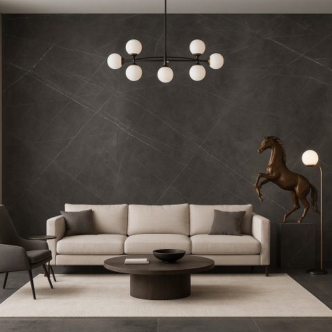 Nowoczesny salon z płytami Infinity Pietra Grey na ścianie, elegancka sofa i dekoracyjny konik w aranżacji.