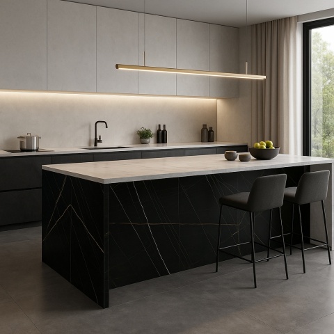 Nowoczesna kuchnia z wyspą, wykończona spiekami Infinity Sahara Noir, z eleganckim kontrastem jasnych frontów.