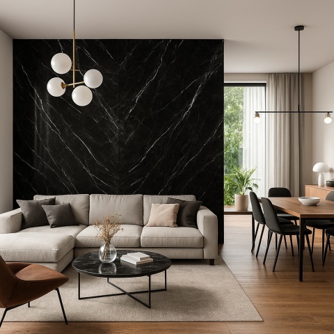 Nowoczesny salon z jadalnią, wykończony spiekiem, Infinity Nero Marquinia