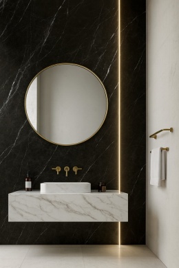 Luksusowa łazienka z płytami Infinity Nero Marquinia, kontrast bieli i czerni z eleganckimi złotymi dodatkami.