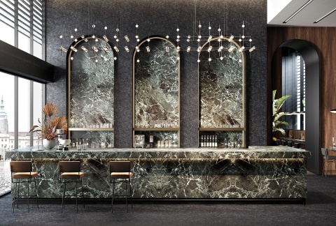 Ekskluzywny bar z ladą i wnękami pokrytymi marmurem Verde France, podświetlenie LED.