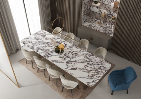 Elegancki stół jadalniany z blatem z Calacatta Viola w aranżacji nowoczesnego wnętrza.
