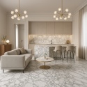 Elegancki salon z otwartą kuchnią wykończony płytami Infinity MB05 Calacatta Arabescato, z subtelnymi dodatkami