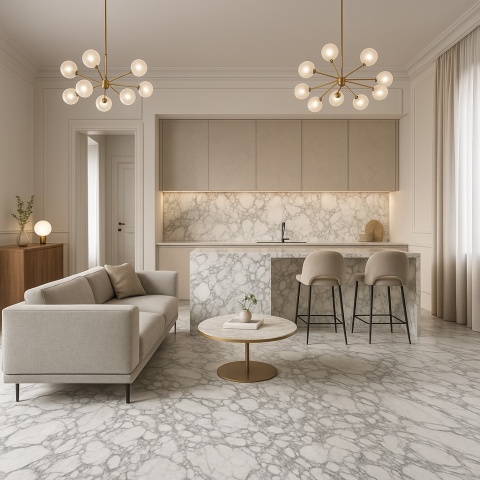 Elegancki salon z otwartą kuchnią wykończony płytami Infinity MB05 Calacatta Arabescato, z subtelnymi dodatkami