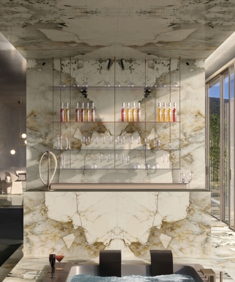 Ściana i sufit baru wykończone płytami Infinity Magellano OC04 w bookmatchu