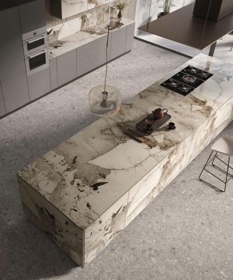 Wyspa kuchenna z blatem i bokami wykończonymi spiekiem Infinity Magellano OC04