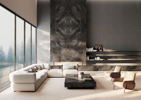 Nowoczesny salon z wysokim kominkiem i meblami wykończonymi w spieku Infinity Andromeda