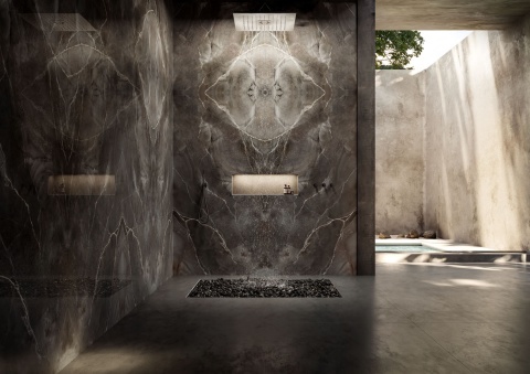 Łazienka ze ścianami w spieku Infinity Andromeda, bookmatch tworzący symetryczny wzór.