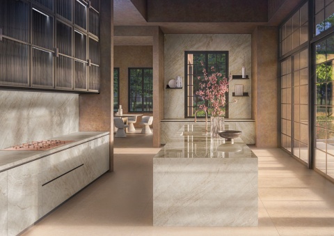 Wyspa kuchenna z OC10 Taj Mahal – duża wyspa w kuchni w odcieniach kremowo-beżowych ze spieku kwarcowego, kolekcja Crystal.