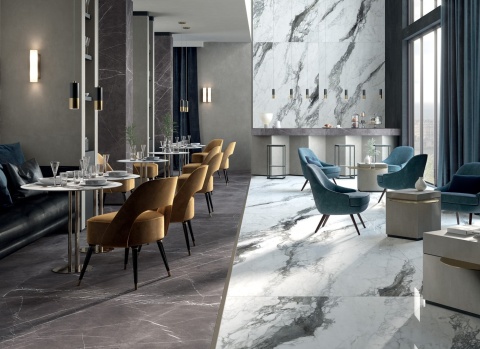 Restauracja z podłogą i ścianami wykończonymi spiekiem Infinity MB02 Renoir w eleganckim marmurze.