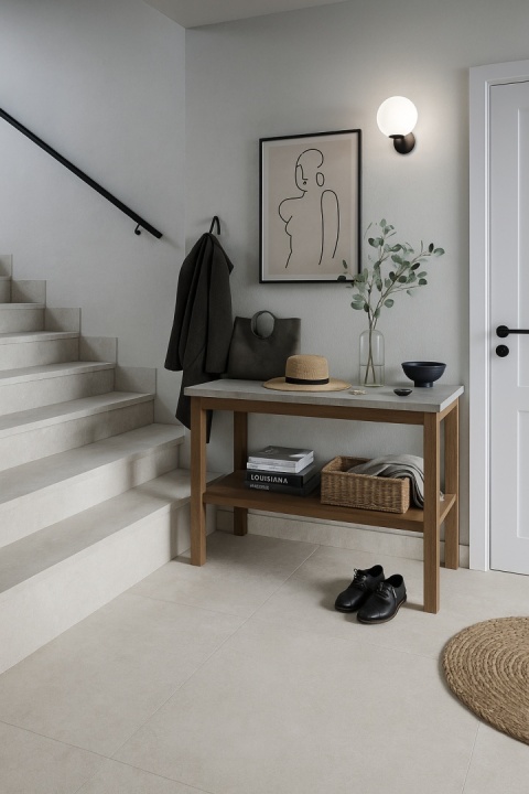 Eklektyczny przedpokój ze schodami wykończonymi spiekiem Chianca di Ostuni, białe światło, domowe dodatki.