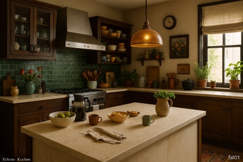 Eklektyczna kuchnia z wyspą i blatami z Chianca di Ostuni, uzupełniona dekoracyjnymi dodatkami i domowym charakterem.