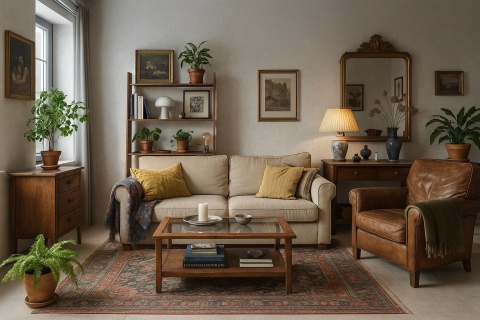 Eklektyczny salon z blatami i elementami wykończeniowymi z Chianca di Ostuni, zimne oświetlenie, przytulne dodatki