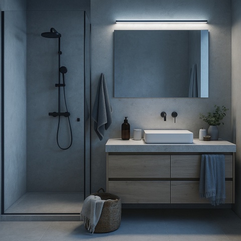 łazienka - wykończonej spiekiem Chianca di Ostuni z zimnym oświetleniem, prysznicem, blatem ze spieku oraz szafką pod spodem.