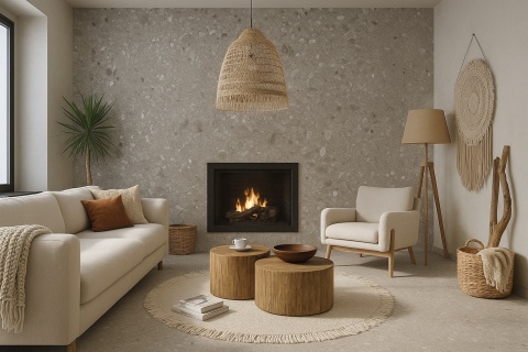 Pokój w stylu boho z wykończeniem Milan Stone, naturalne dodatki i białe światło tworzą przytulną atmosferę