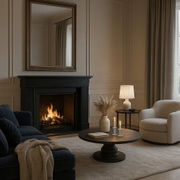 Salon w stylu glamour z kominkiem wykończonym spiekiem w ciemnym odcieniu, eleganckie wnętrze z luksusowymi dodatkami