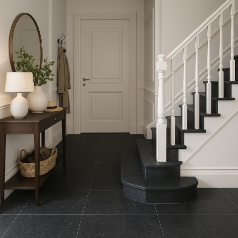 Elegancki przedpokój w stylu hampton ze schodami wykończonymi spiekiem Pierre Blue w matowym wykończeniu.