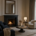 Salon w stylu glamour z kominkiem wykończonym spiekiem w ciemnym odcieniu, eleganckie wnętrze z luksusowymi dodatkami