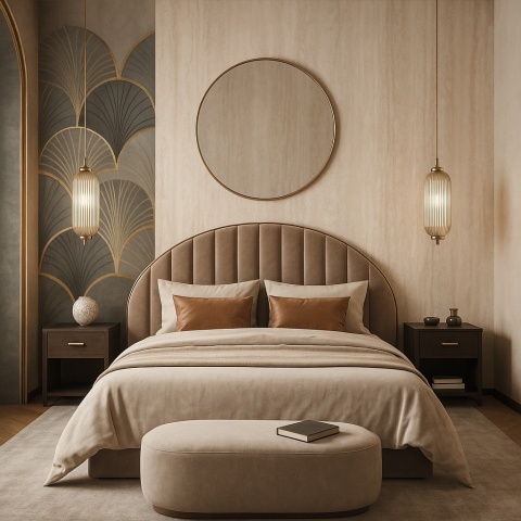 Sypialnia w stylu Art Deco z elementami ze spieku Travertino Chiaro SE09, dekoracyjne ściany i eleganckie meble