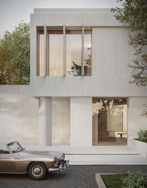 Elewacja nowoczesnego domu z płytami Infinity SE13 Travertino Bianco w jasnym odcieniu