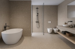 Przestronna łazienka w minimalistycznym stylu z wanną i blatem ze spieku Milan Stone w matowym wykończeniu