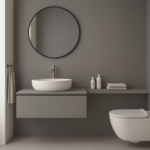 Minimalistyczna łazienka z matową okładziną ścienną Laminam Fumo w chłodnym, dymnoszarym odcieniu.