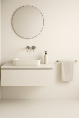 Minimalistyczna łazienka z okładziną ścienną Laminam Neve w śnieżnobiałym, matowym odcieniu.