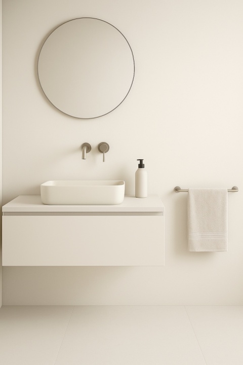 Minimalistyczna łazienka z okładziną ścienną Laminam Neve w śnieżnobiałym, matowym odcieniu.